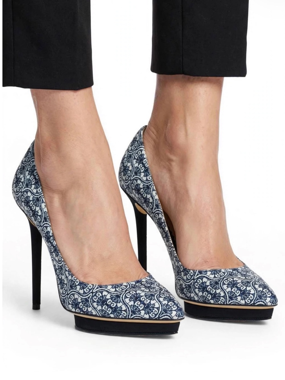 Charlotte Olympia Navy and White Patterned Lace-Up Pump